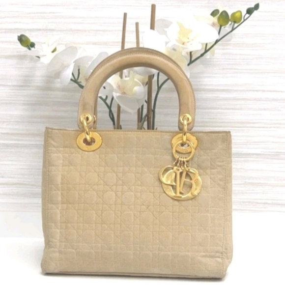 Dior Handbags - Christian Dior Vintage Lady Dior Bag Cannage Tan Quilt Nylon Medium COA included